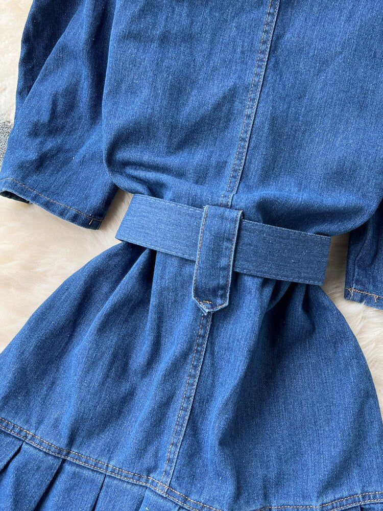 Retro slim fit backless denim jurk – bubbelmouwen korte mini outfit