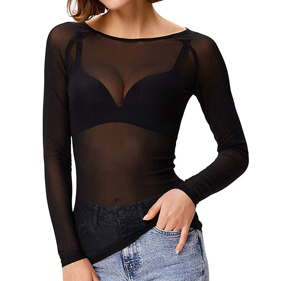 Transparante mesh-top met lange mouwen