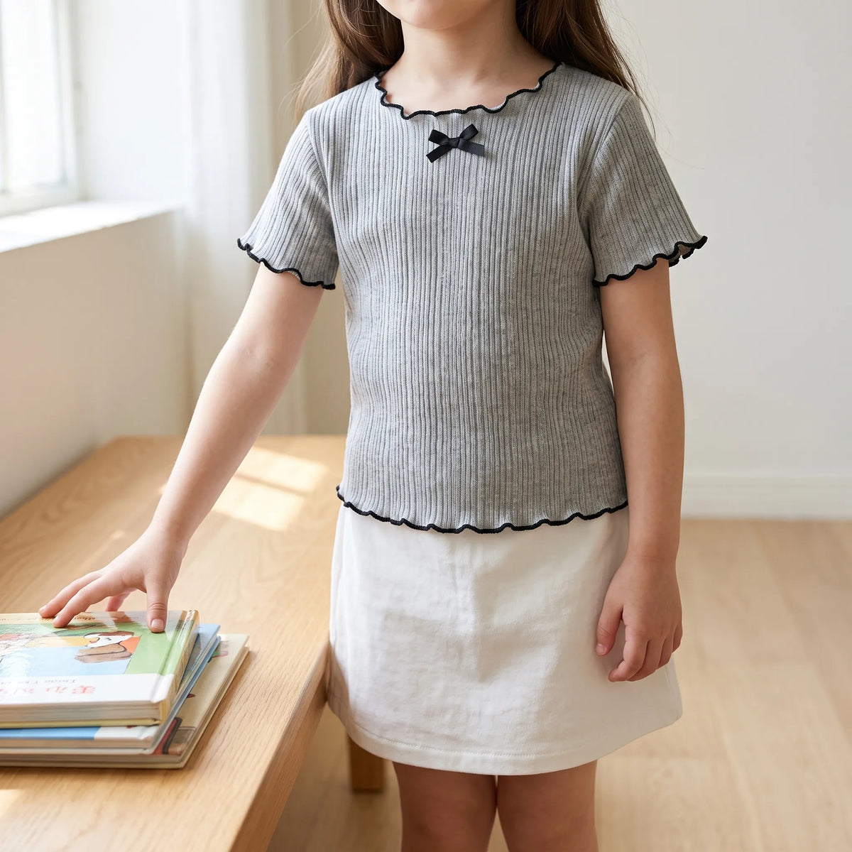 Geribd kindertop met korte mouwen