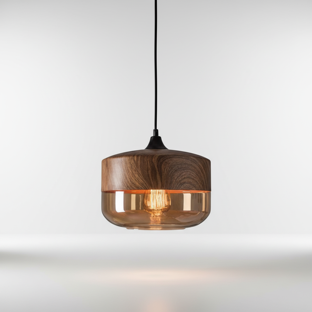 Scandinavische houten glazen hanglamp
