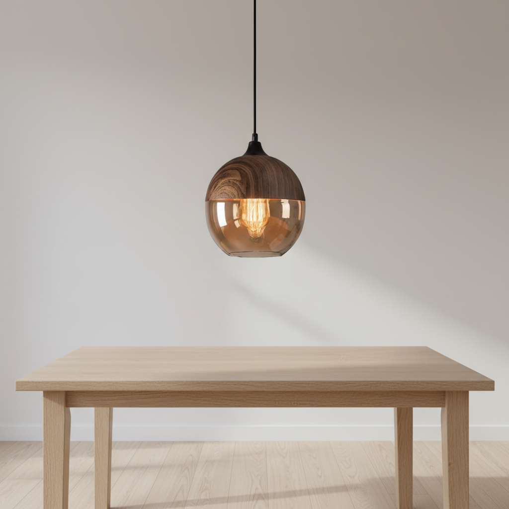 Scandinavische houten glazen hanglamp