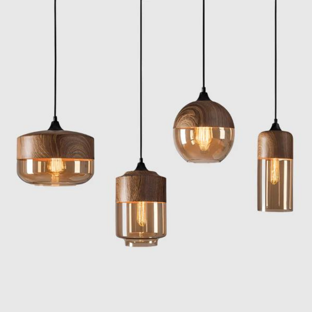 Scandinavische houten glazen hanglamp