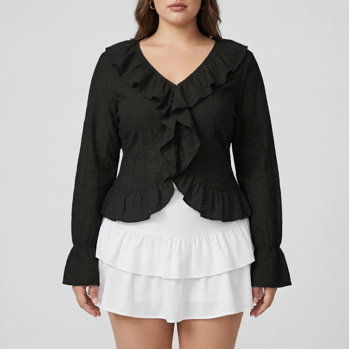 Slim-fit top met ruches en lange mouwen