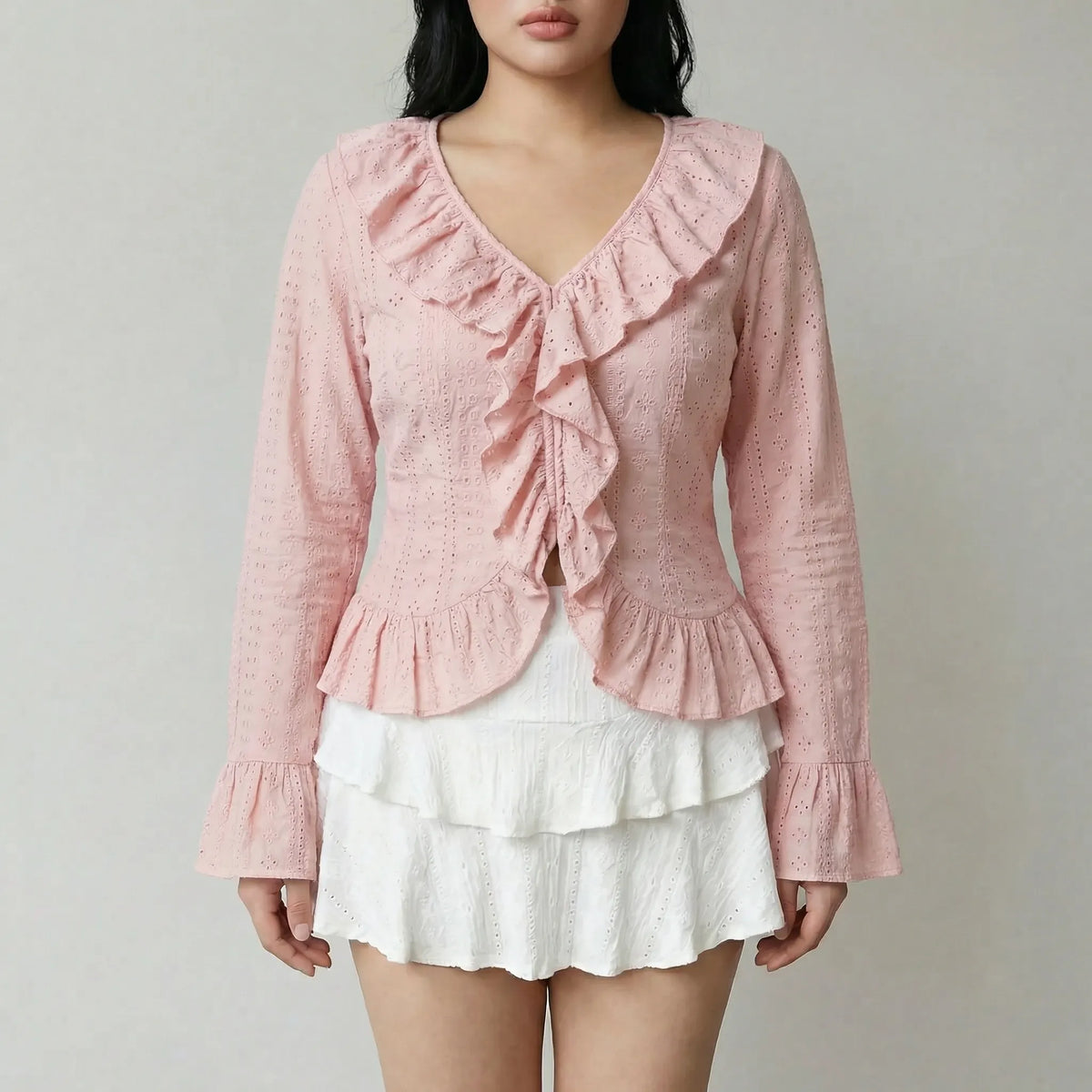 Slim-fit top met ruches en lange mouwen
