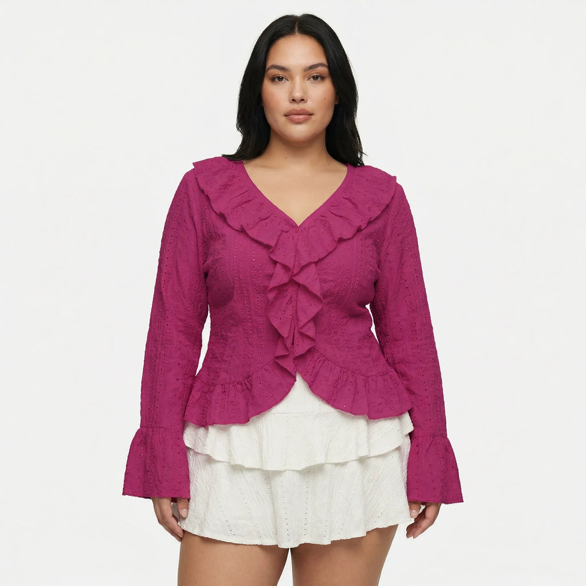 Slim-fit top met ruches en lange mouwen