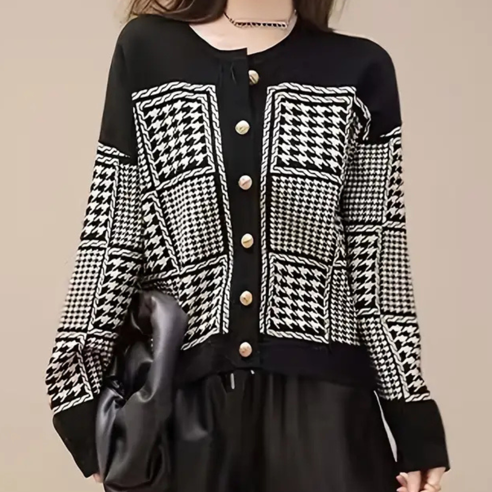 Zwarte dames cardigan met pied-de-poule motief