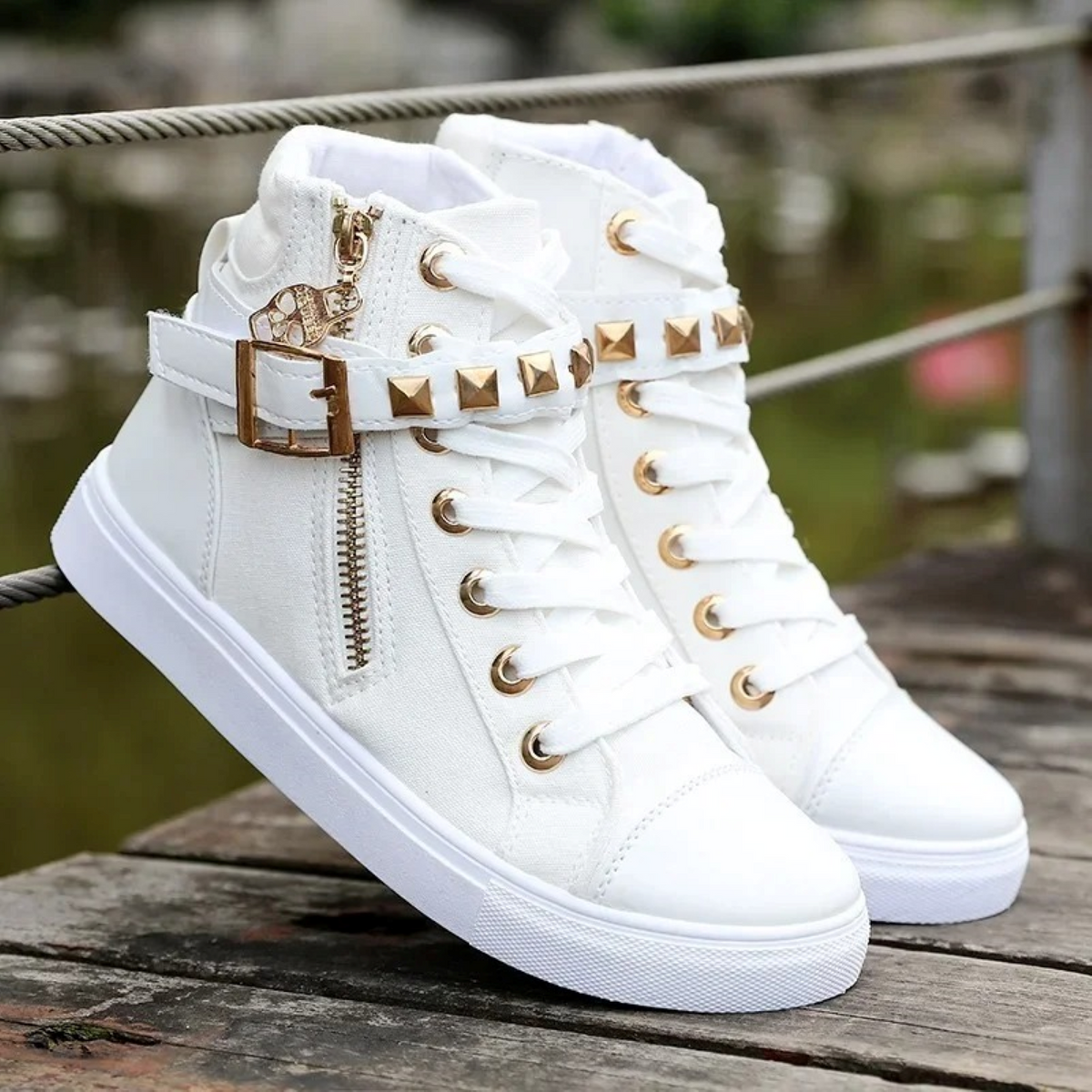 Witte leren hoge sneakers met rits voor dames
