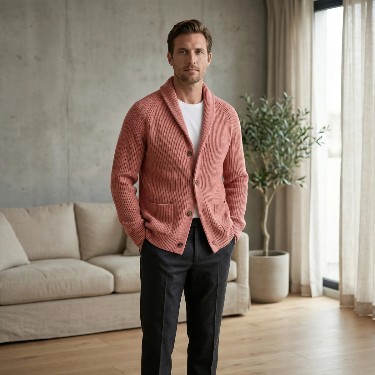Getailleerde gebreide cardigan met sjaalkraag