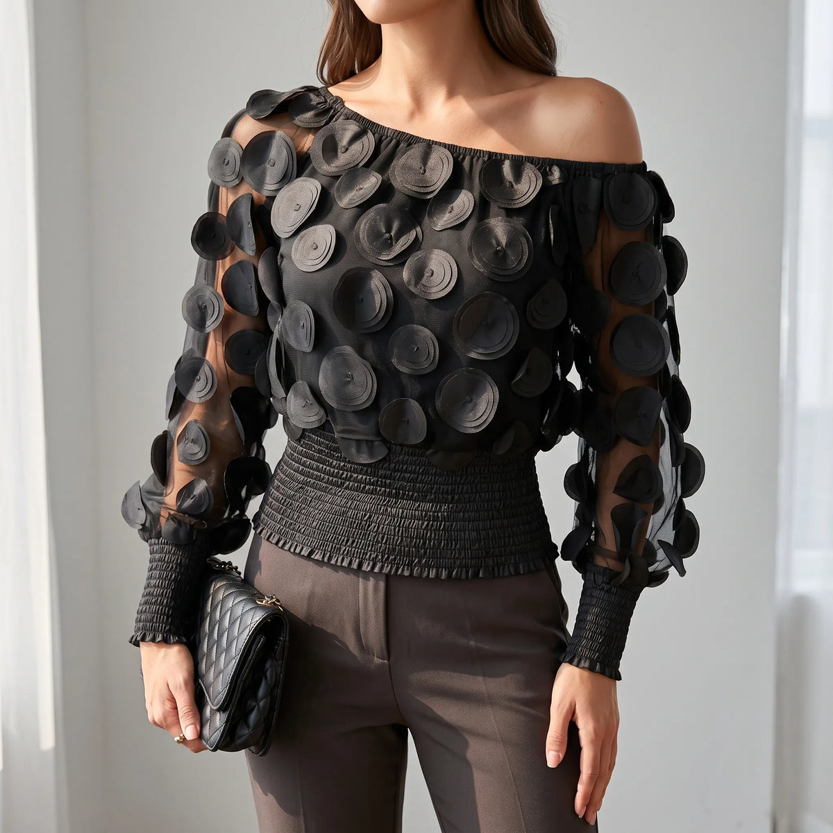 Gestructureerde transparante avondblouse