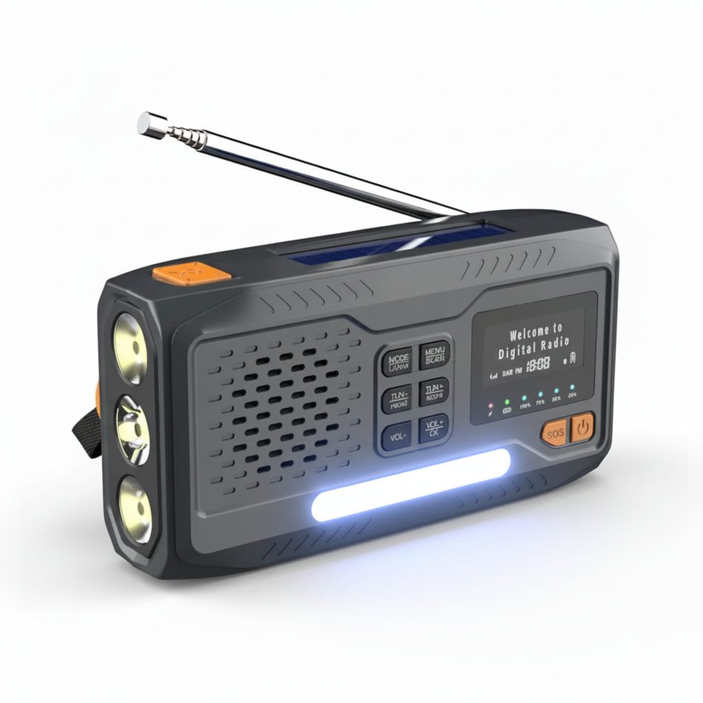 Draagbare noodradio met zonnepaneel
