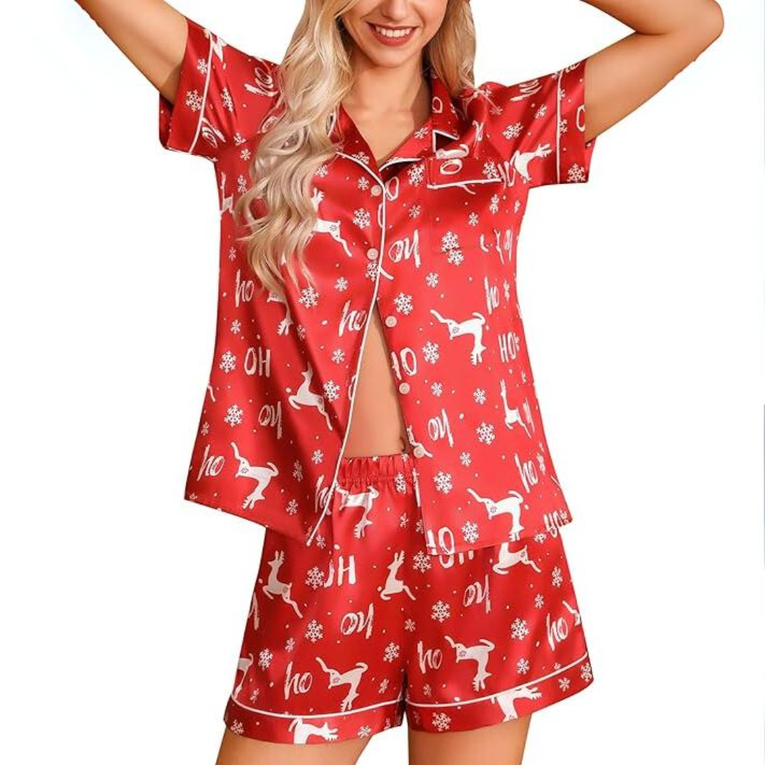 Zijde satijnen korte kerst pyjama set