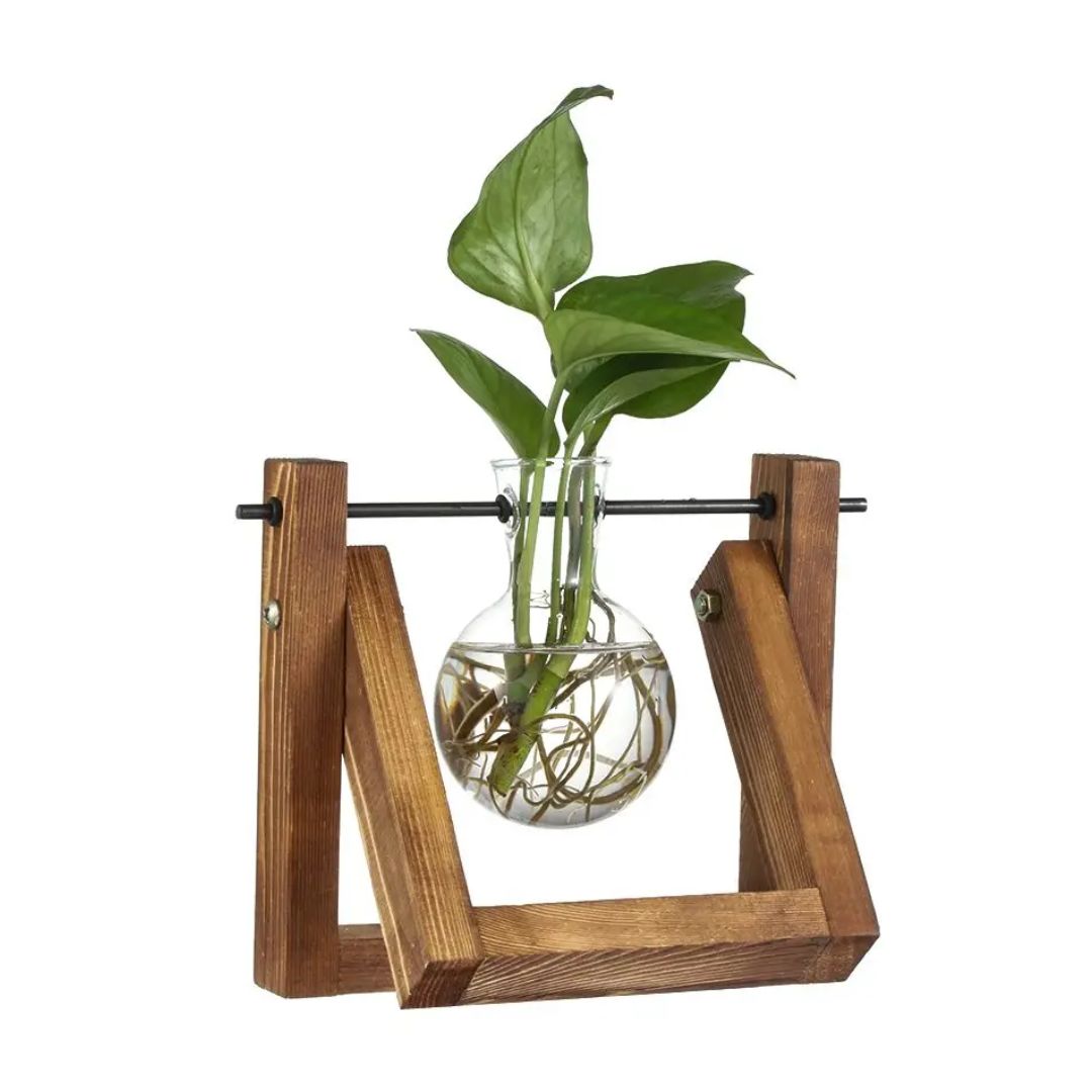 Hydroponische bloempot met houten tray