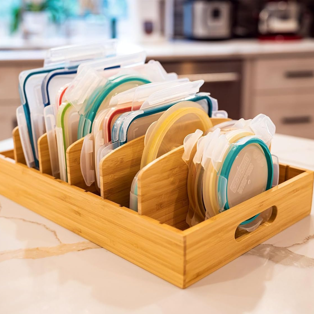 Bamboe keuken organizer voor dekselopslag