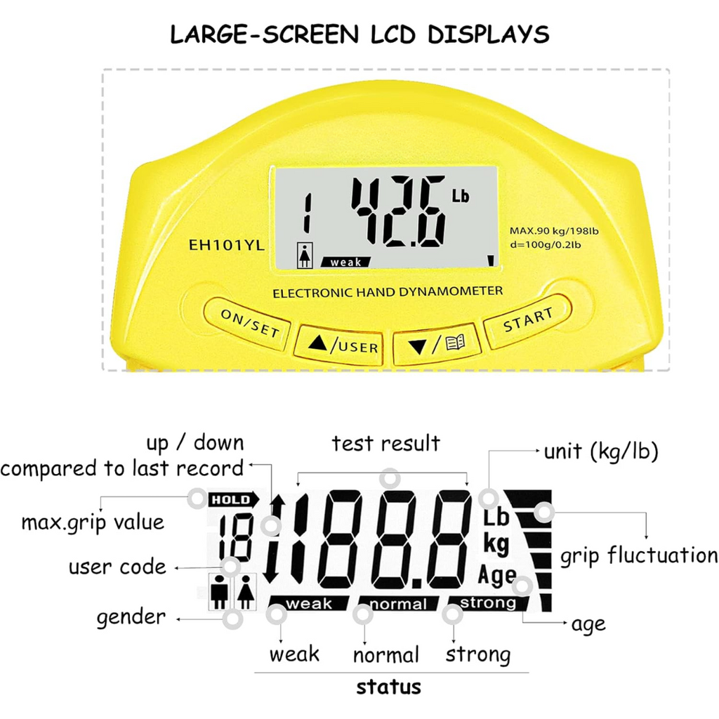 Digitale handdynamometer met een capaciteit van 90 kg
