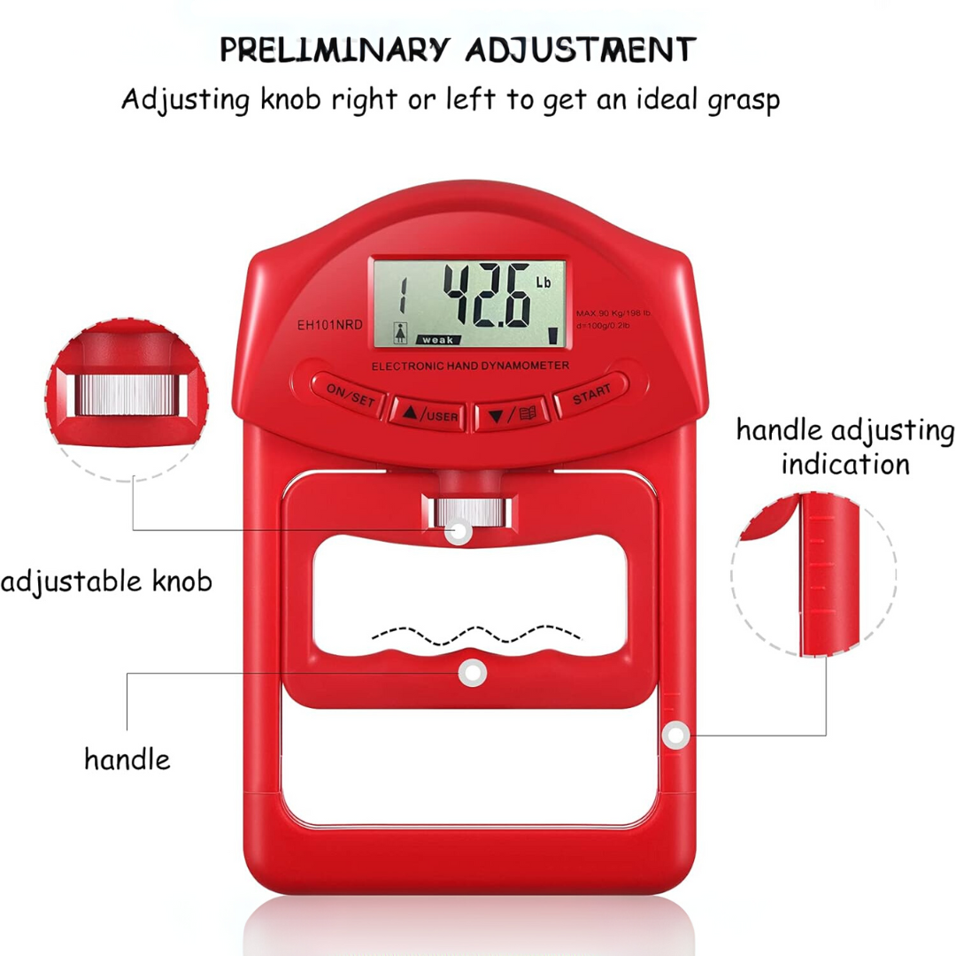 Digitale handdynamometer met een capaciteit van 90 kg