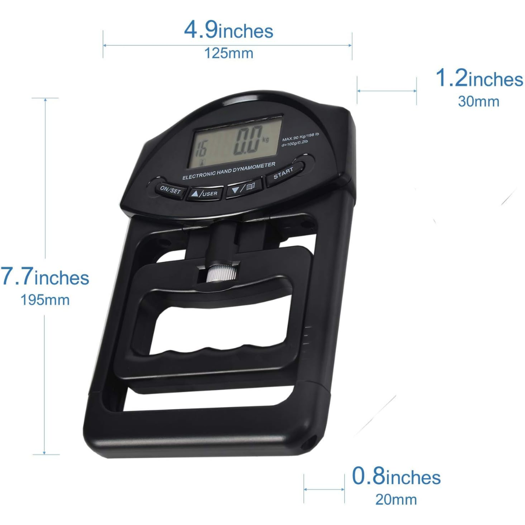 Digitale handdynamometer met een capaciteit van 90 kg
