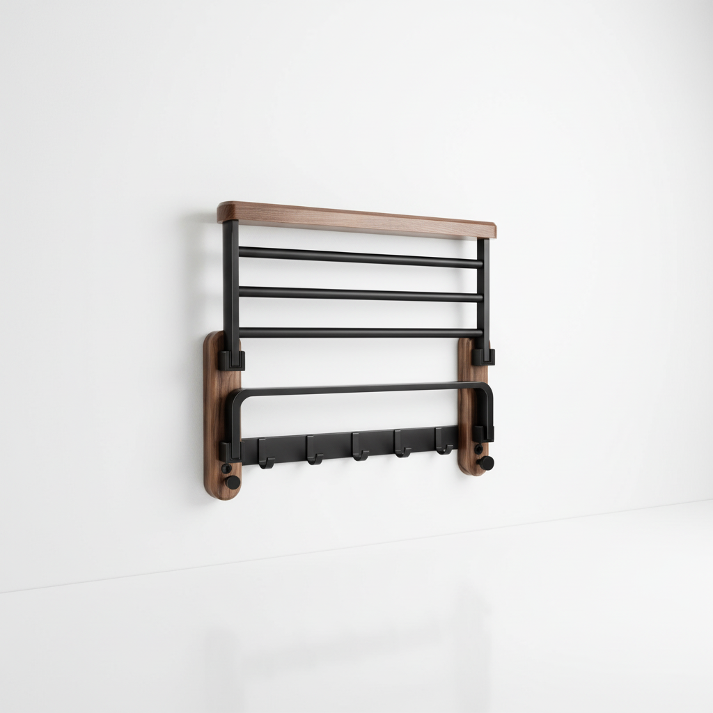 Wandgemonteerd houten handdoekrek
