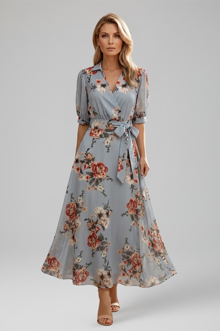 Rosemary | Midi-jurk met V-hals en korte mouwen