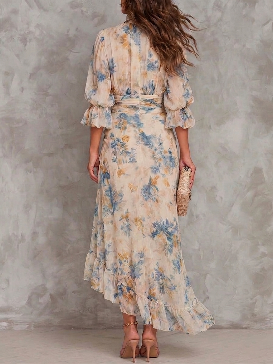Annelien | Maxi-jurk met olieverf-bloemenprint, gedrapeerd lijfje en gelaagde rok