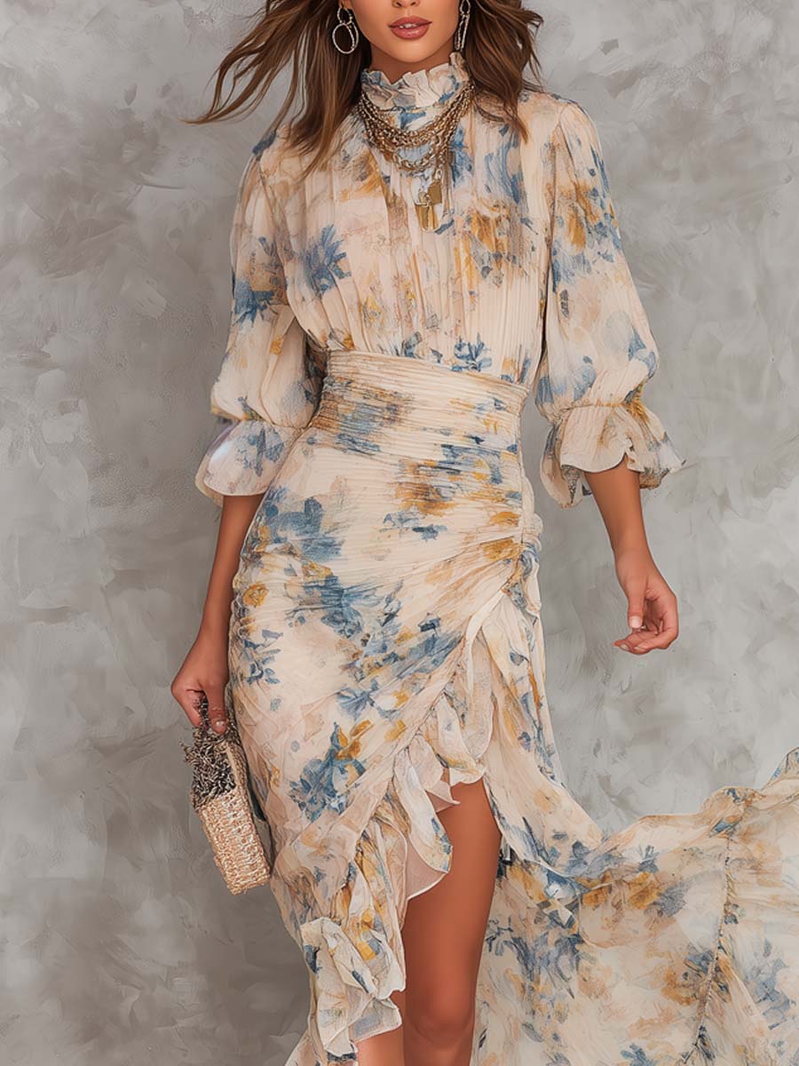 Annelien | Maxi-jurk met olieverf-bloemenprint, gedrapeerd lijfje en gelaagde rok
