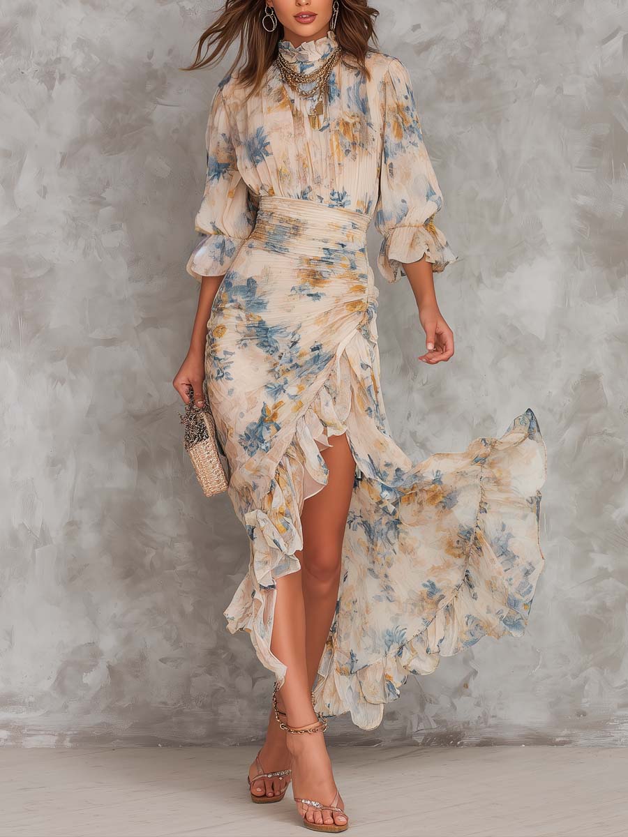 Annelien | Maxi-jurk met olieverf-bloemenprint, gedrapeerd lijfje en gelaagde rok