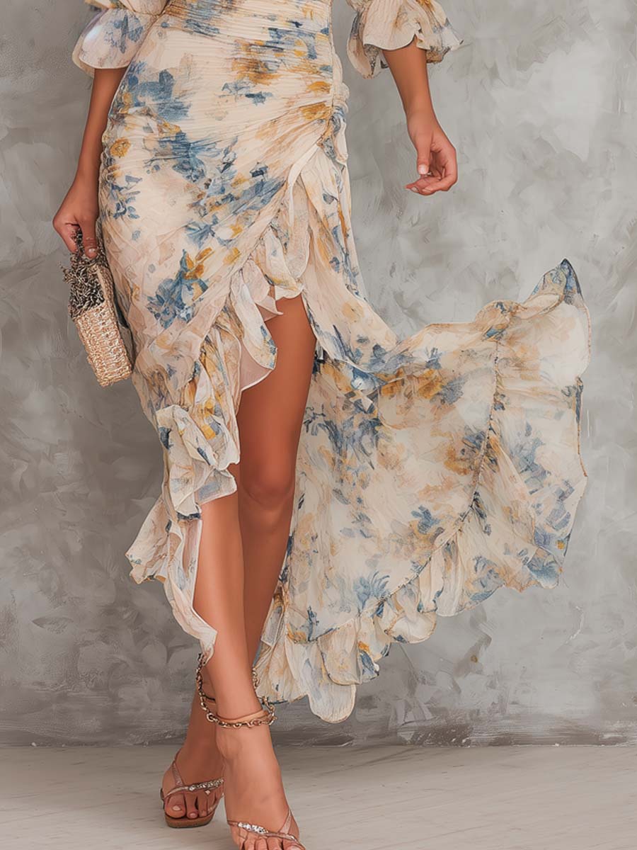 Annelien | Maxi-jurk met olieverf-bloemenprint, gedrapeerd lijfje en gelaagde rok
