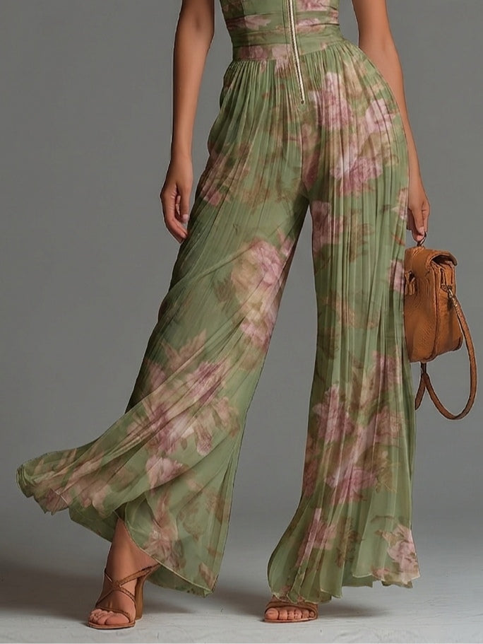 Saartje | Groene mouwloze jumpsuit van chiffon met bloemenprint en wijde pijpen