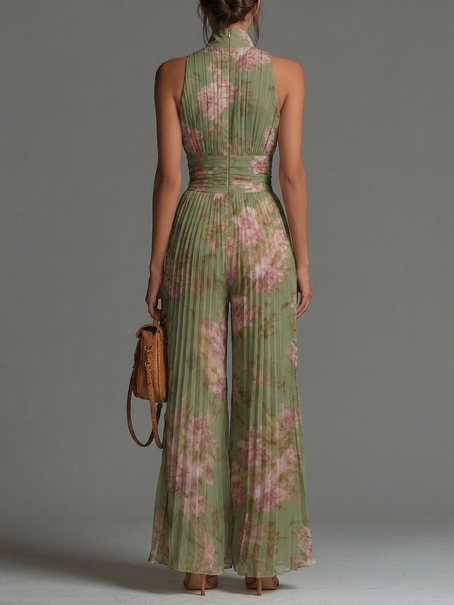 Saartje | Groene mouwloze jumpsuit van chiffon met bloemenprint en wijde pijpen