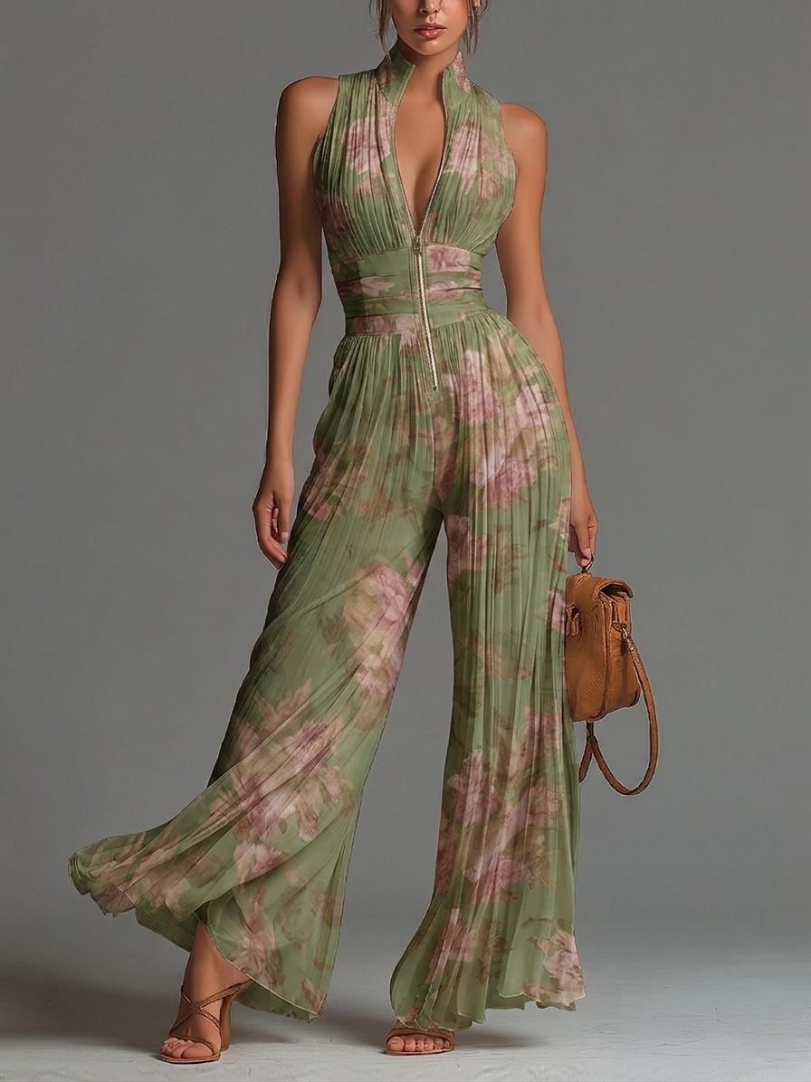 Saartje | Groene mouwloze jumpsuit van chiffon met bloemenprint en wijde pijpen