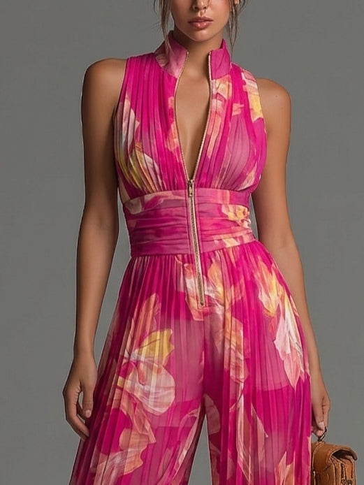 Babette | Fuchsia mouwloze jumpsuit van chiffon met bloemenprint en wijde pijpen