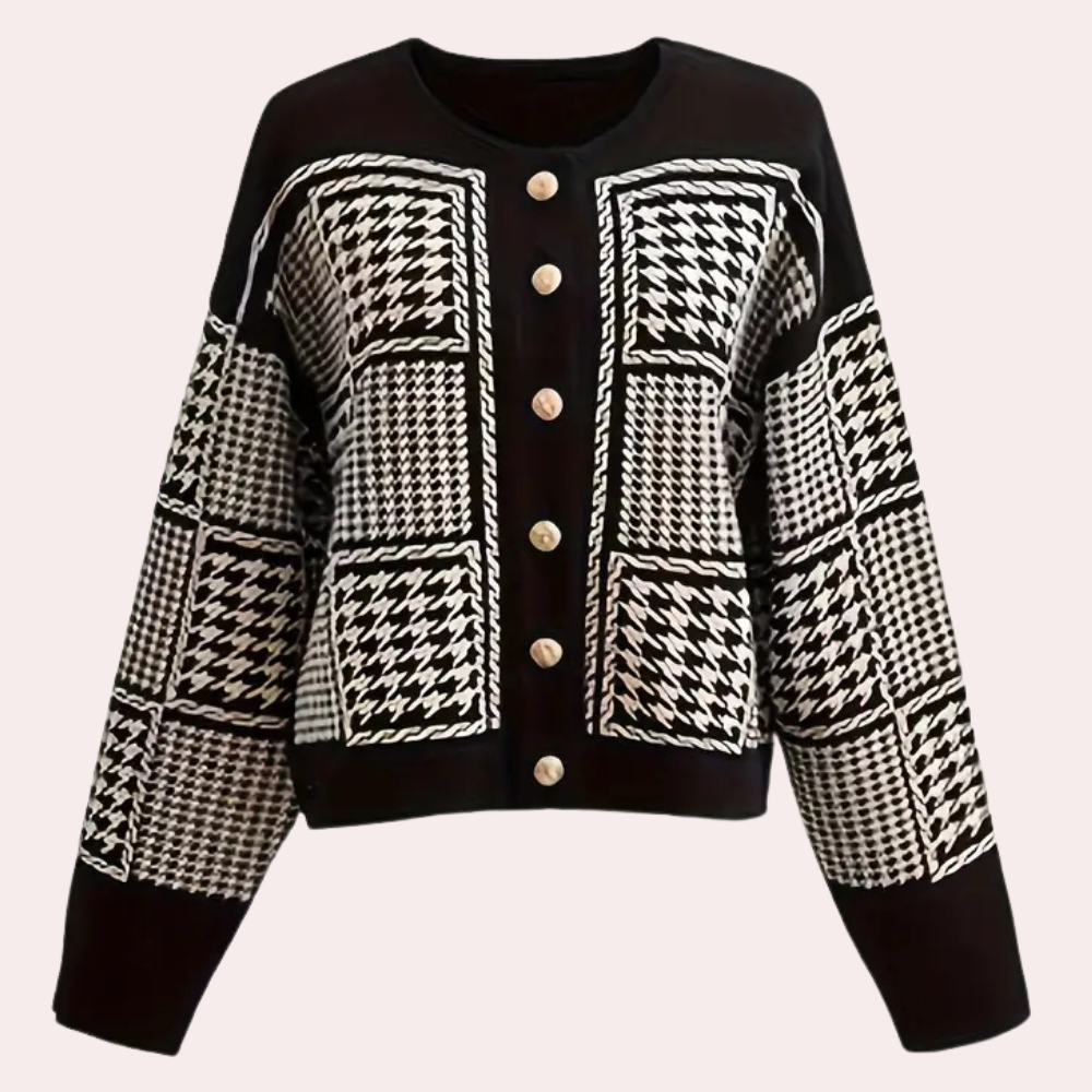 Zwarte dames cardigan met pied-de-poule motief