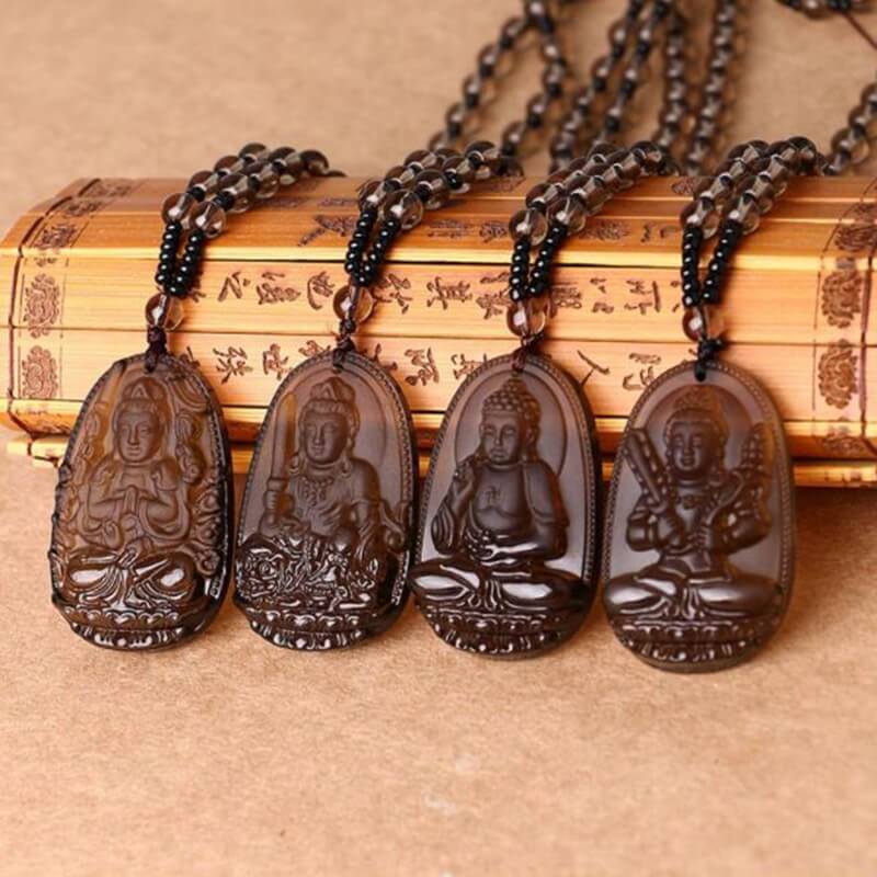 Natuurlijke obsidiaan boeddha amulet ketting