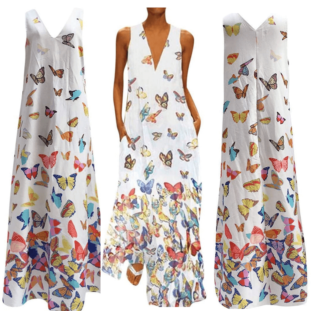 Mouwloos maxi zomerjurk met vlinderpatroon