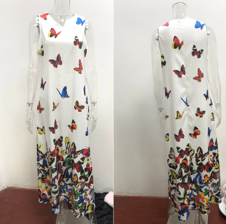 Mouwloos maxi zomerjurk met vlinderpatroon