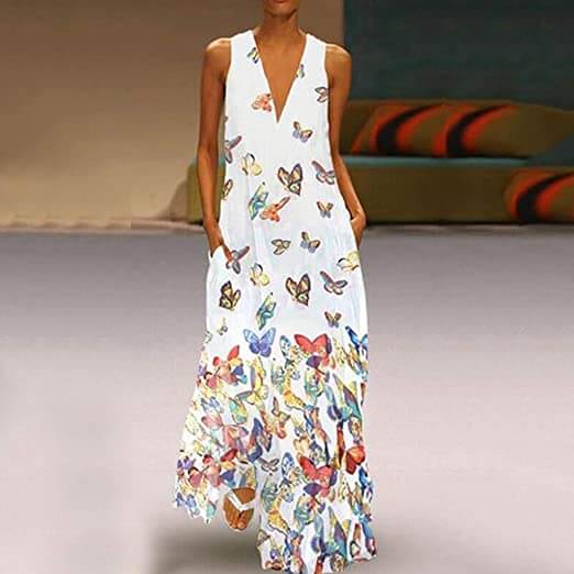 Mouwloos maxi zomerjurk met vlinderpatroon