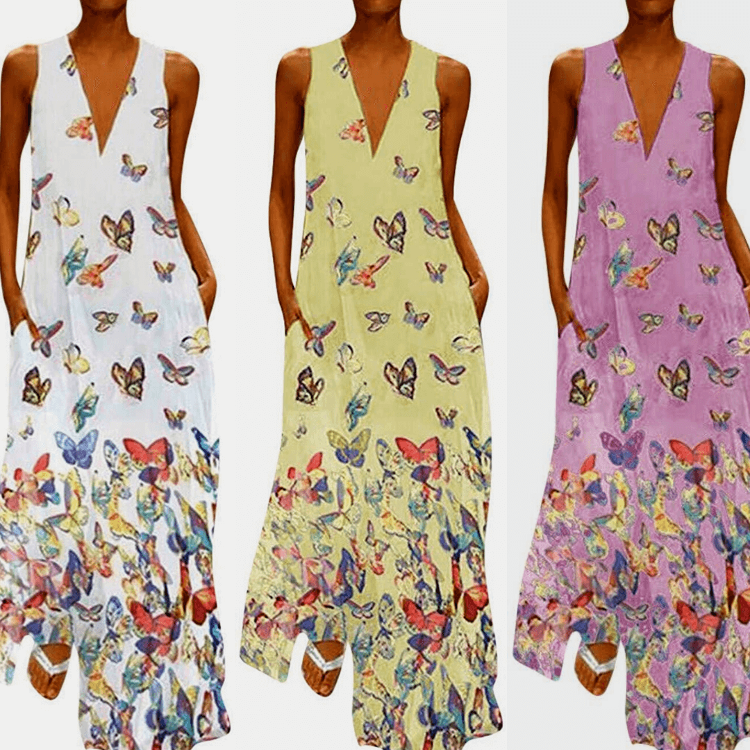 Mouwloos maxi zomerjurk met vlinderpatroon