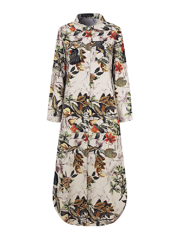 Boho maxi jurk met lange mouwen voor dames – casual lente herfst overhemdjurk