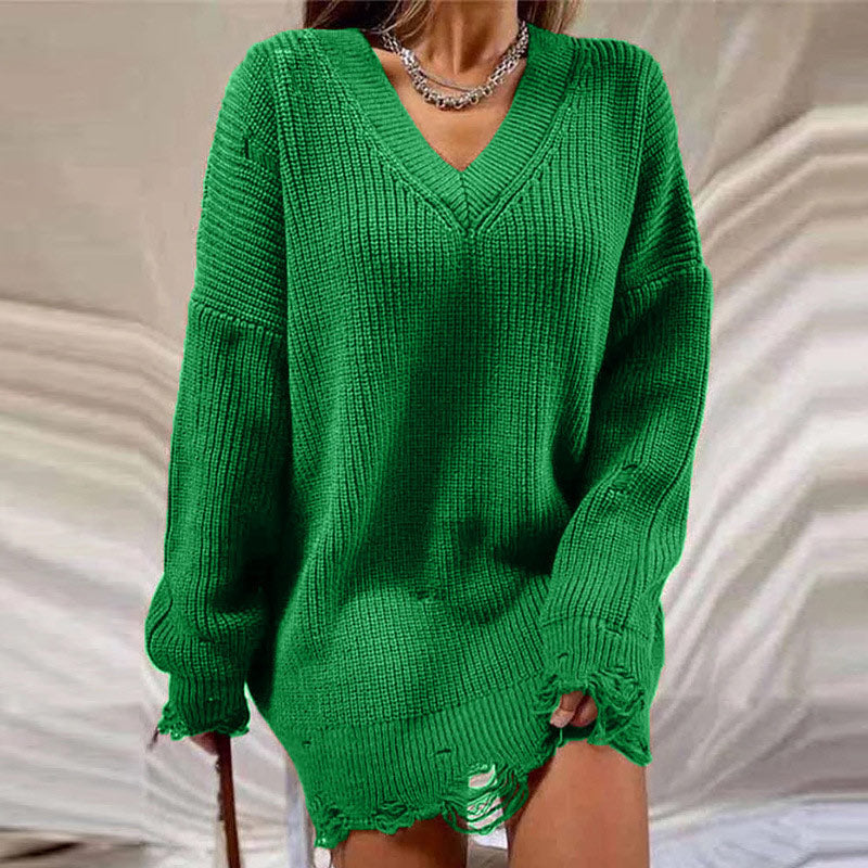 Casual loszittende gebreide trui – gescheurde lange mouw pullover