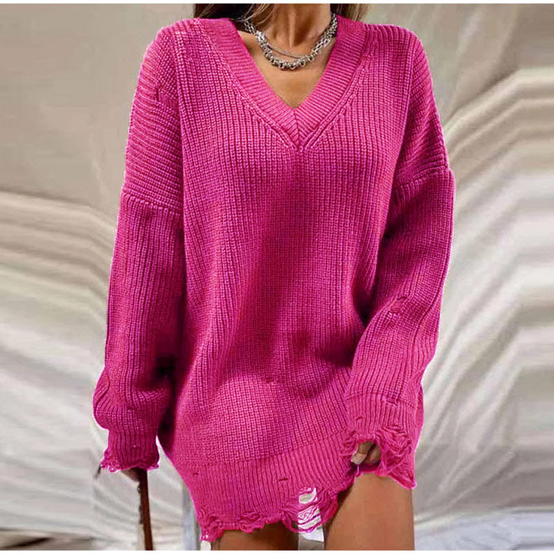 Casual loszittende gebreide trui – gescheurde lange mouw pullover
