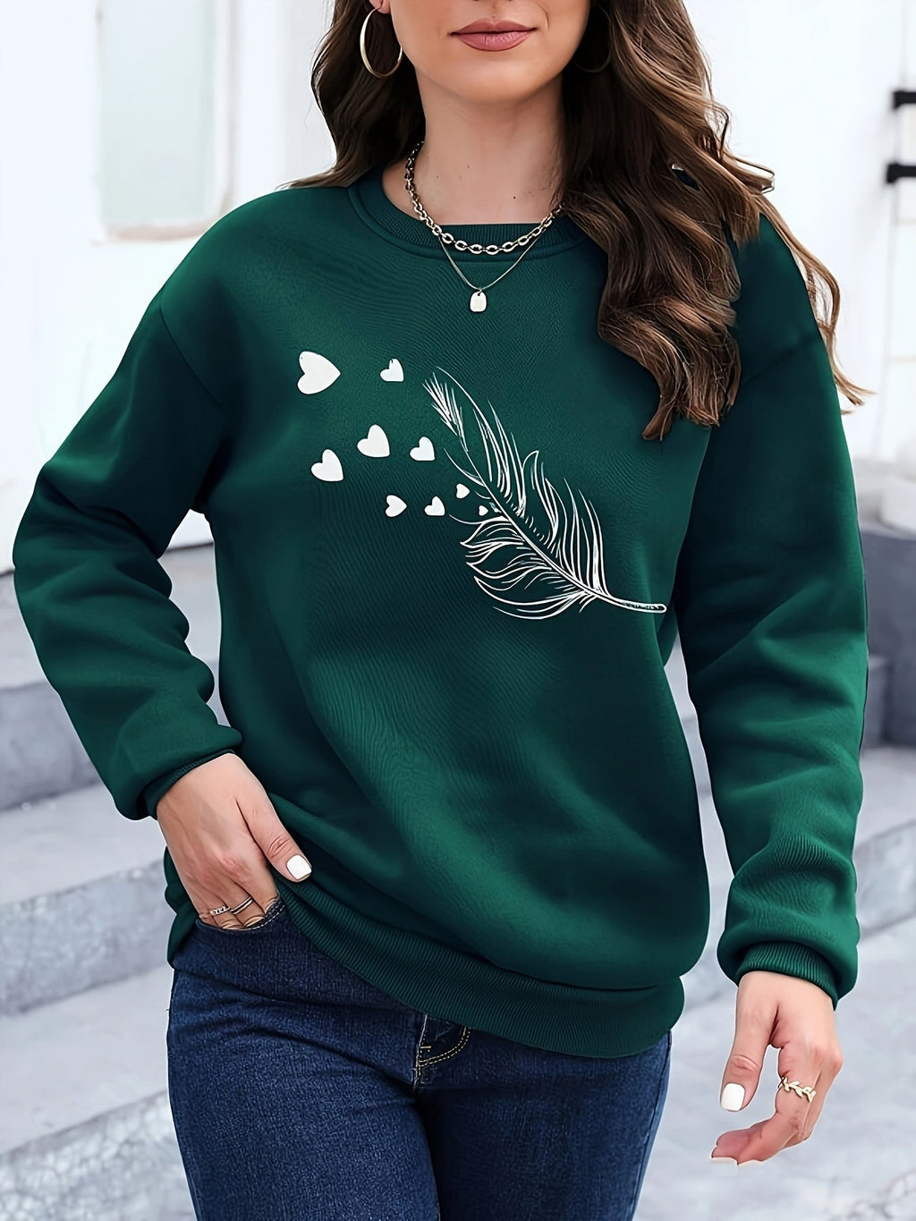 Casual sweatshirt met verenprint