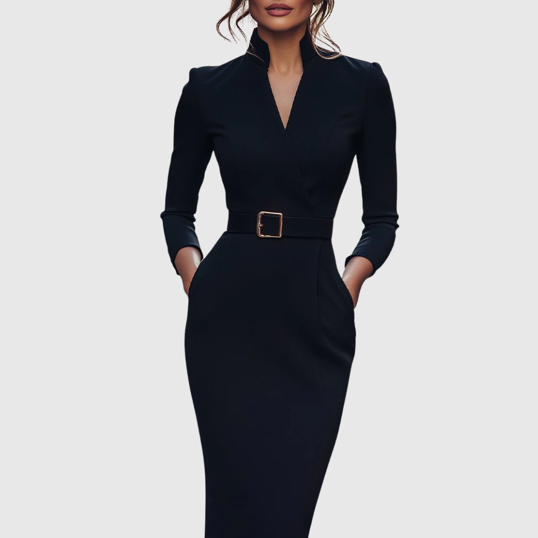 Katherine | Midi-jurk met overslaglook en ceintuur met vierkante gesp