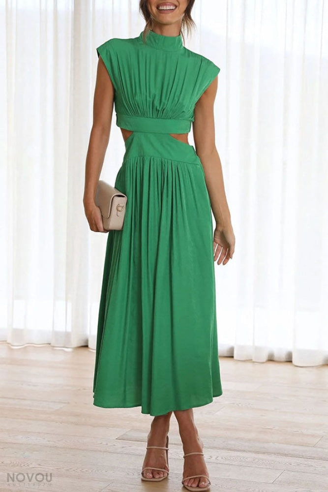 Midi zomerjurk met col en taille uitsparing