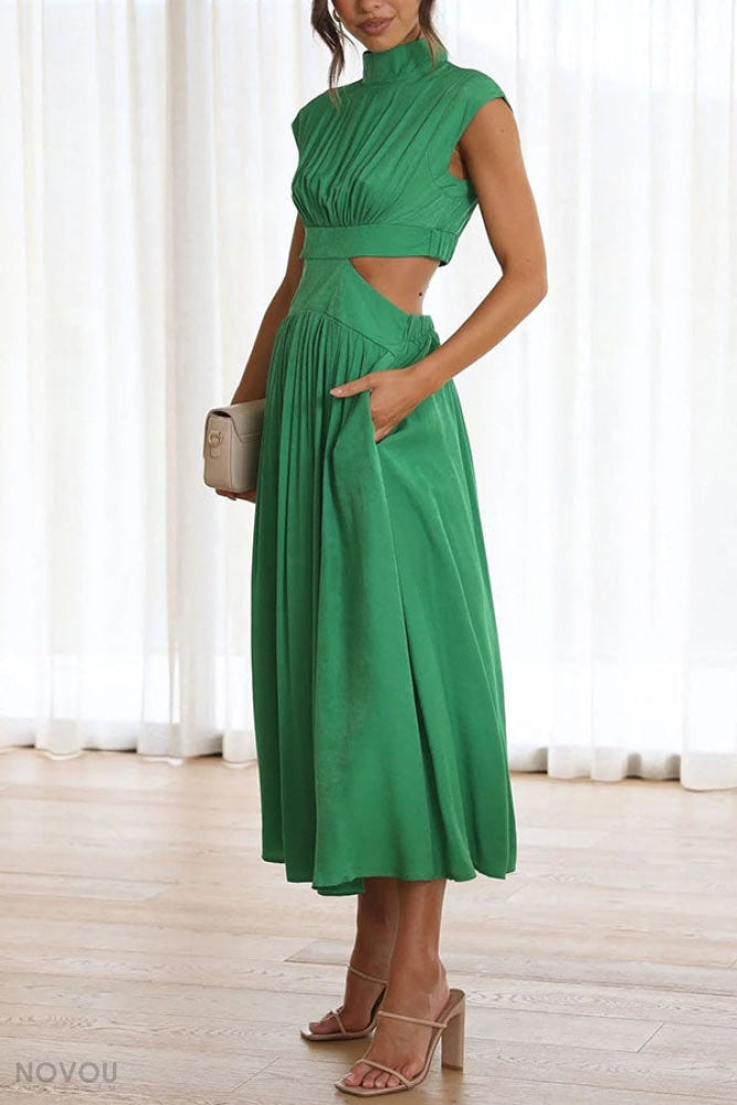 Midi zomerjurk met col en taille uitsparing