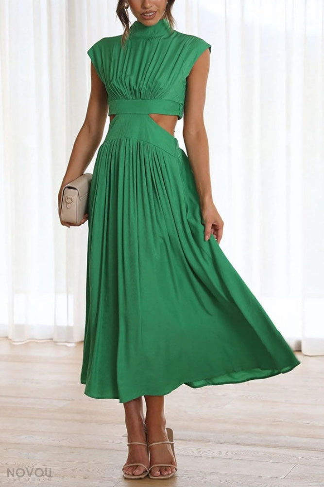 Midi zomerjurk met col en taille uitsparing