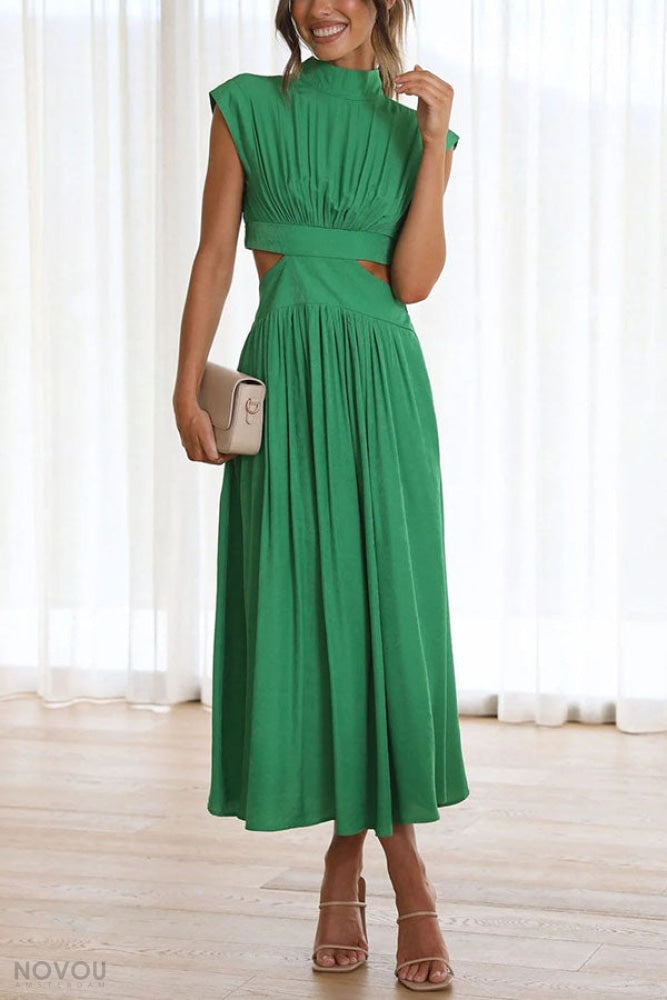 Midi zomerjurk met col en taille uitsparing