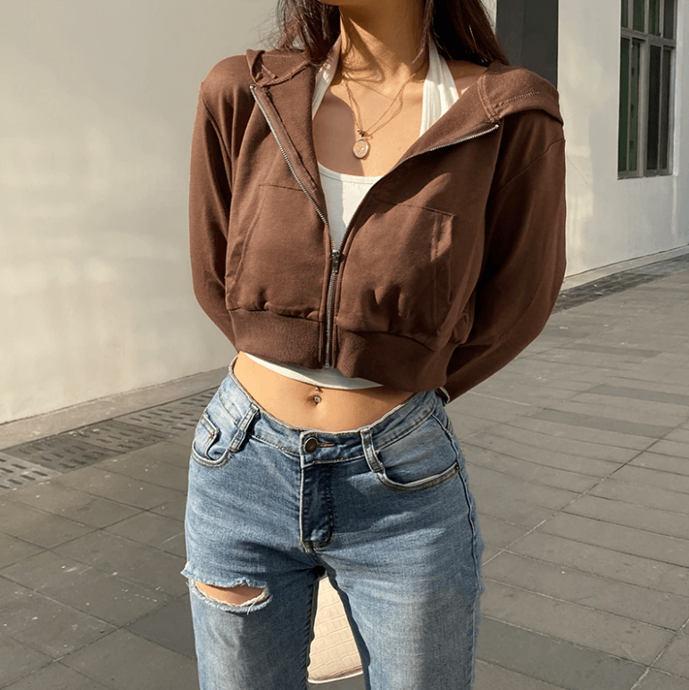 Figuurlijke dames cropped zip-up hoodie met capuchon
