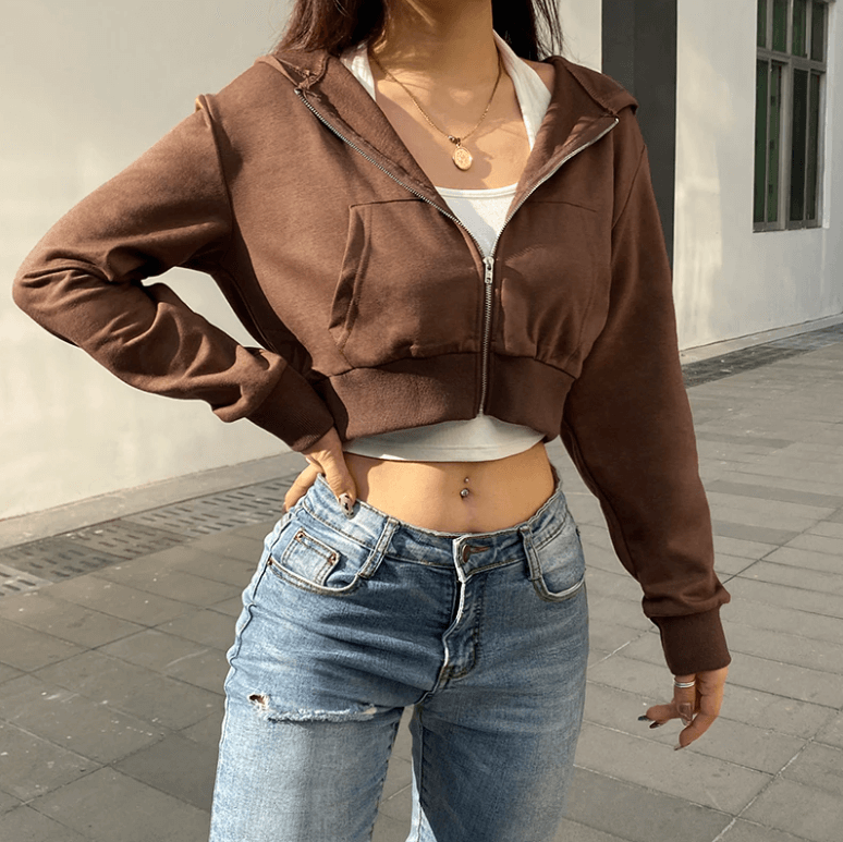 Figuurlijke dames cropped zip-up hoodie met capuchon