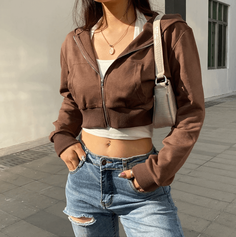 Figuurlijke dames cropped zip-up hoodie met capuchon