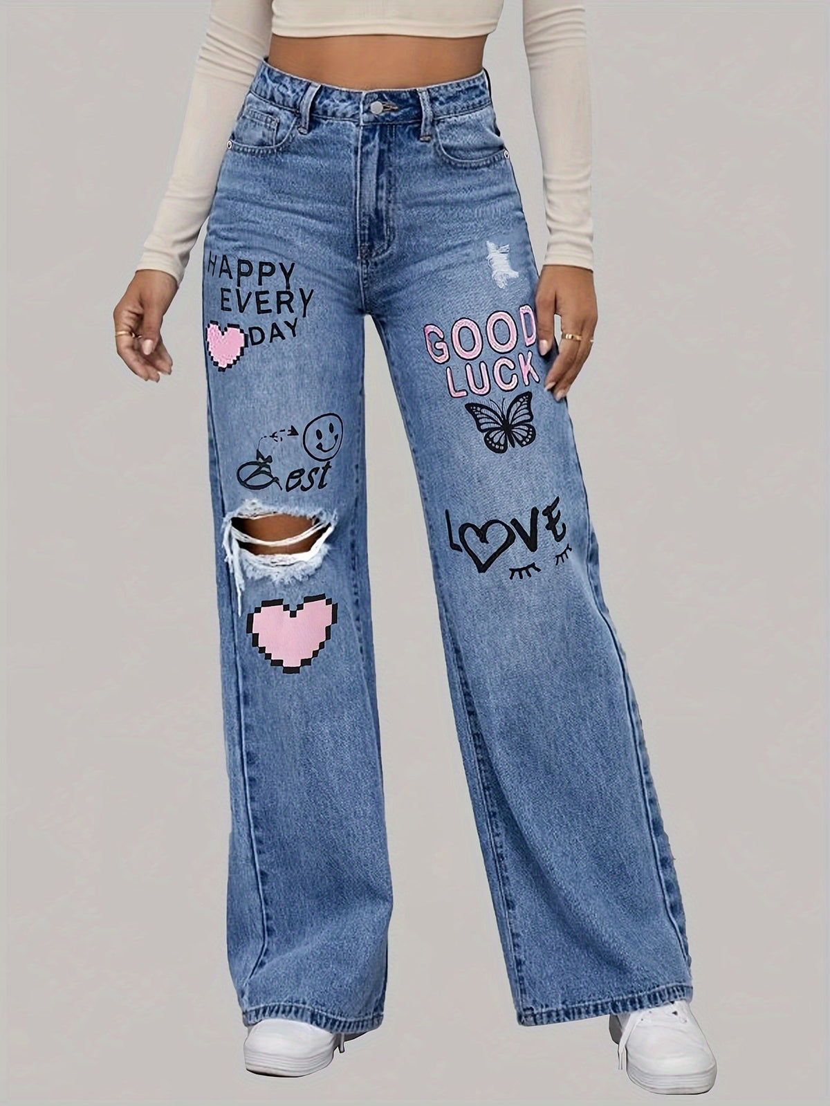 Dames jeans met hartjes- en graffitiprint