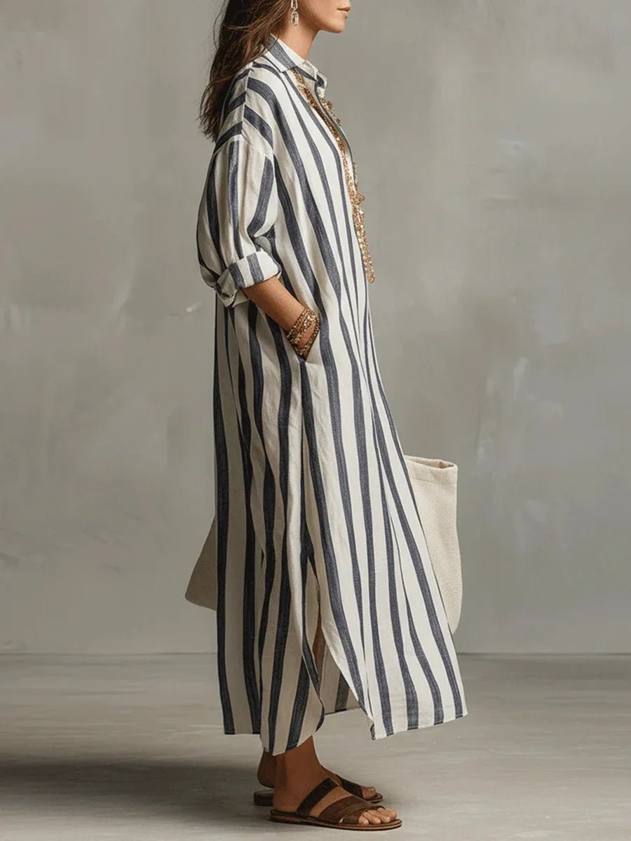 Mina | Oversized gestreepte linnen maxi-overhemdjurk